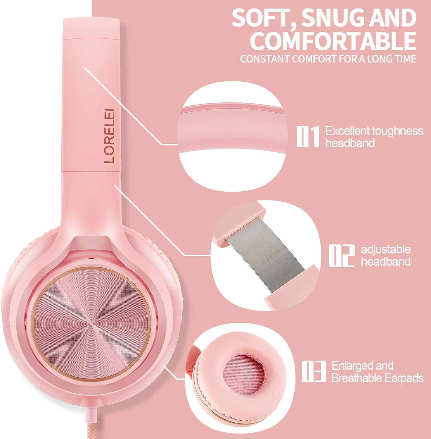 LORELEI S9 Wired Headphones with Microphone for School，On-Ear Kids Headphones for Girls Boys，Folding Lightweight and 3.5mm Audio Jack Headset for Phone, Ipad，Tablet, PC, Chromebook (Pearl Pink)