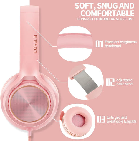 LORELEI S9 Wired Headphones with Microphone for School，On-Ear Kids Headphones for Girls Boys，Folding Lightweight and 3.5mm Audio Jack Headset for Phone, Ipad，Tablet, PC, Chromebook (Pearl Pink)