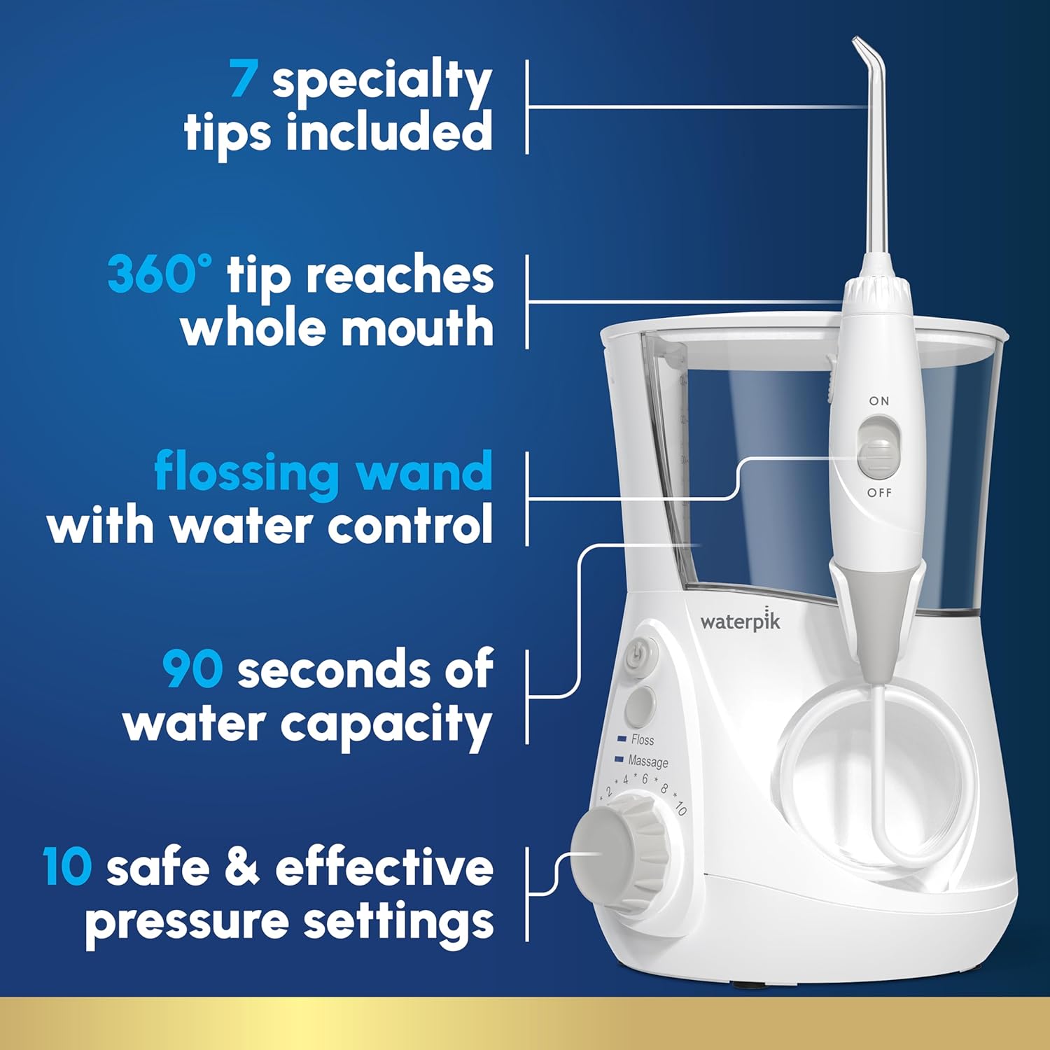 Waterpik Aquarius Countertop Water Flosser with 10 Settings, 7 Tips, White
