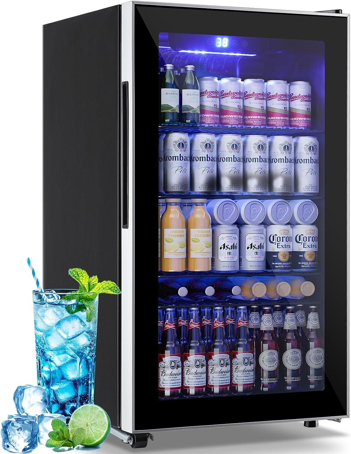 3.5 Cu.ft Beverage Refrigerator Cooler with 125 Can, Mini Fridge with LED Light for Soda Beer or Cans Beverage Temp Digital Display Adjustable Shelves Suit for Home, Office, Dorm