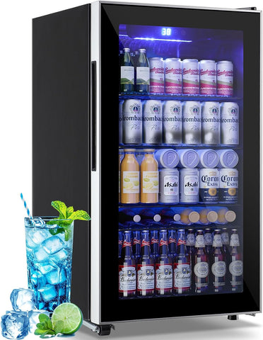 3.5 Cu.ft Beverage Refrigerator Cooler with 125 Can, Mini Fridge with LED Light for Soda Beer or Cans Beverage Temp Digital Display Adjustable Shelves Suit for Home, Office, Dorm