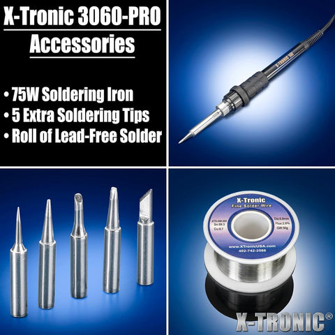 X-Tronic 3060-PRO • 75W Soldering Iron Station Kit • 5 Extra Tips • Mini Mag Lamp • 4 Helping Hands • Solder Sucker • Tweezers • 50g Solder • Brass Sponge w/Flux • Sleep Func, °C/°F, 3 Temp Presets!