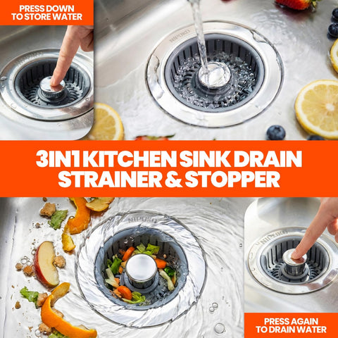 3 in 1 Kitchen Sink Drain Strainer Stopper Basket Pop Up Silver