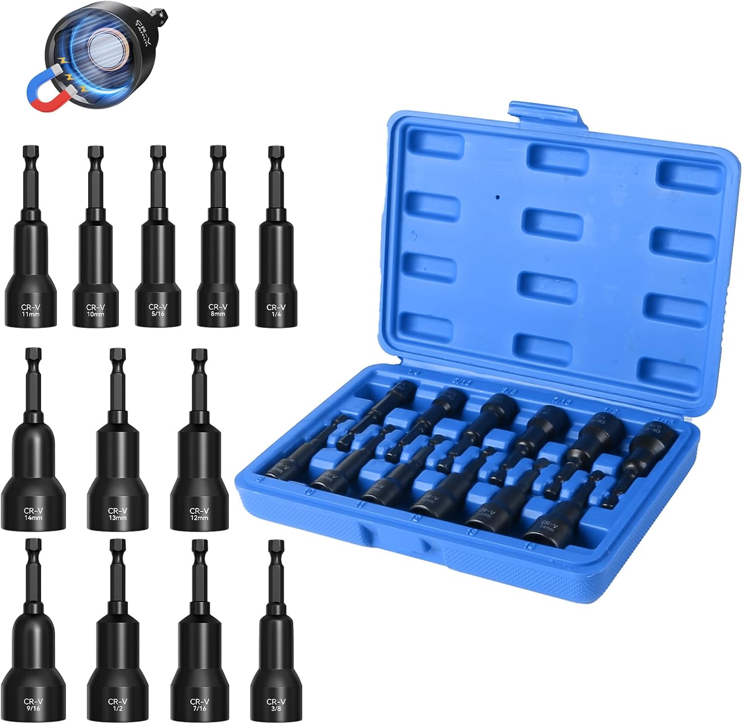 Magnetic Impact Nut Driver Set - Metric & SAE with Socket Adapters (12-Piece)