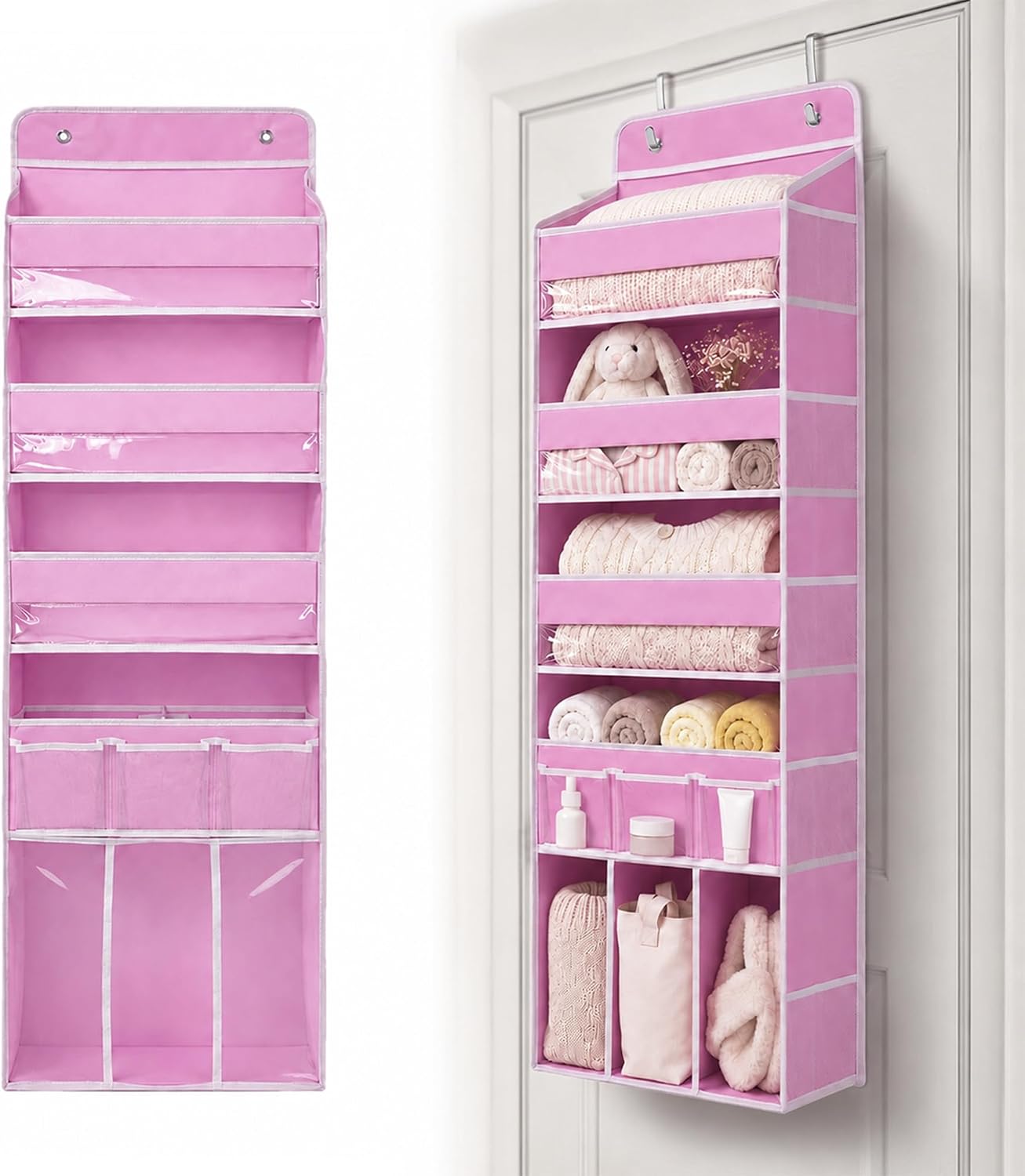 Door Hanging Storage Organizer with 3Bins1 Movable Baby Diaper Caddy,1Large capacity diaper stacking storage Organizer,10Side Pockets,Suitable to Store All Items,Bedroom Nursery Essentials. (Pink)