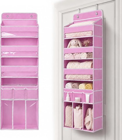 Door Hanging Storage Organizer with 3Bins1 Movable Baby Diaper Caddy,1Large capacity diaper stacking storage Organizer,10Side Pockets,Suitable to Store All Items,Bedroom Nursery Essentials. (Pink)