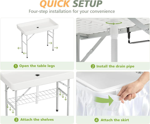 LHBcraft 4 Foot Folding Party Ice Cooler Table, Portable Tailgate Camp Fishing Cleaning, Ice Table with Matching Skirt & Drain Hose, Cooler for Events for Party, Picnic, BBQ, Camping, White