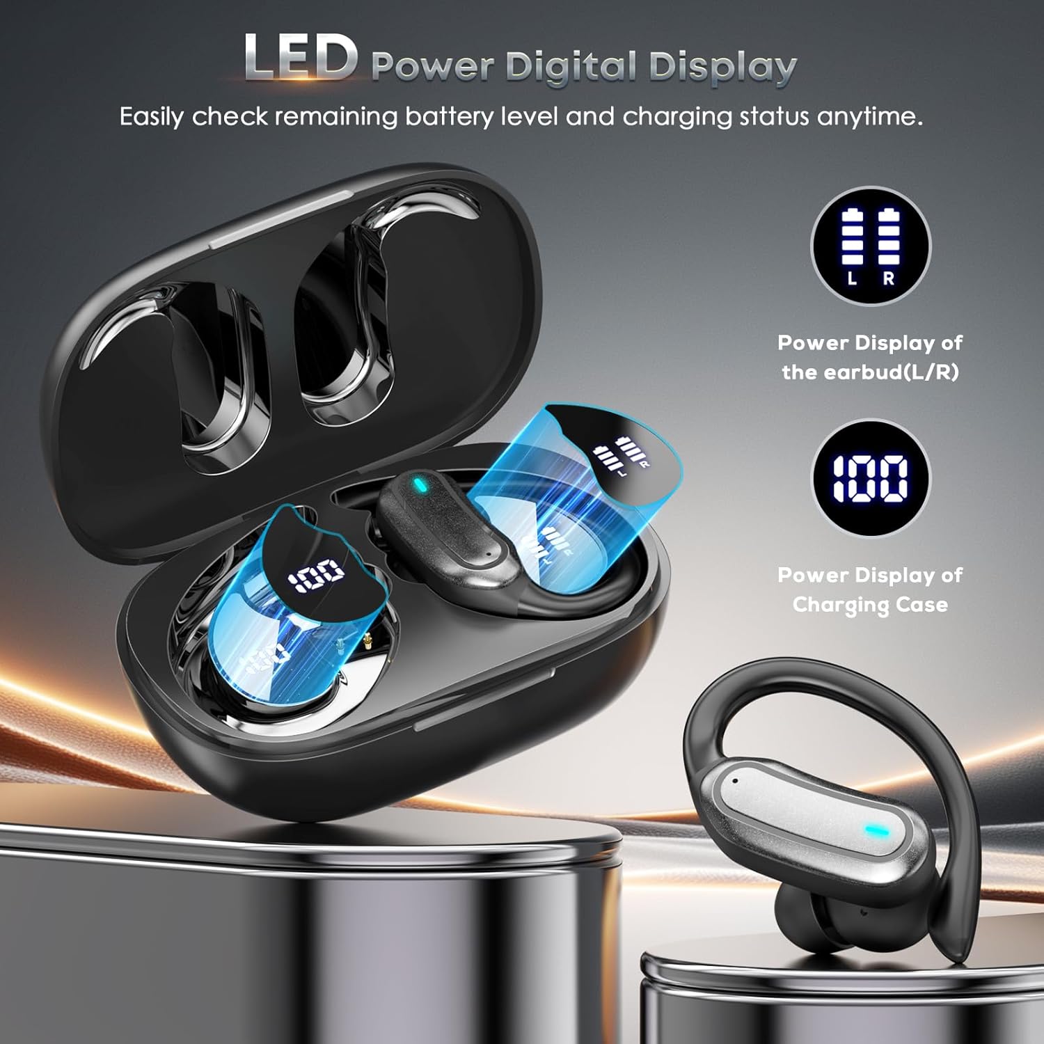 Wireless Earbuds Bluetooth Headphones, 54H Playtime Stereo Over Ear Buds with ENC Noise Cancelling, LED Power Display, IPX7 Waterproof Sport Earphones with Earhooks for Running/Workouts (Black)