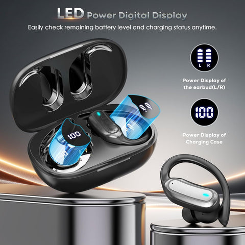 Wireless Earbuds Bluetooth Headphones, 54H Playtime Stereo Over Ear Buds with ENC Noise Cancelling, LED Power Display, IPX7 Waterproof Sport Earphones with Earhooks for Running/Workouts (Black)