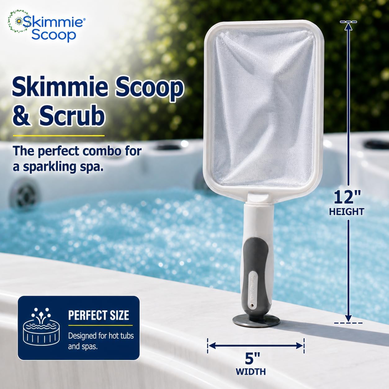 The Skimmie Scoop - Patented Handheld Skimmer with Fine Mesh Net for Spa, Hot Tub, Cold Plunge and Small Pool Cleaning - Lightweight and Durable with Powerful Suction Cup - Clean Out Filter (White)