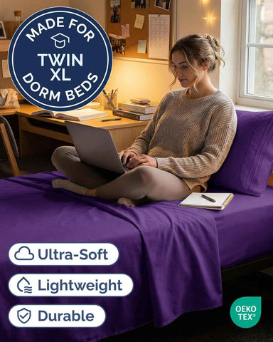 Twin XL 3 Piece Sheet Set - College Dorm Room Essentials - Purple