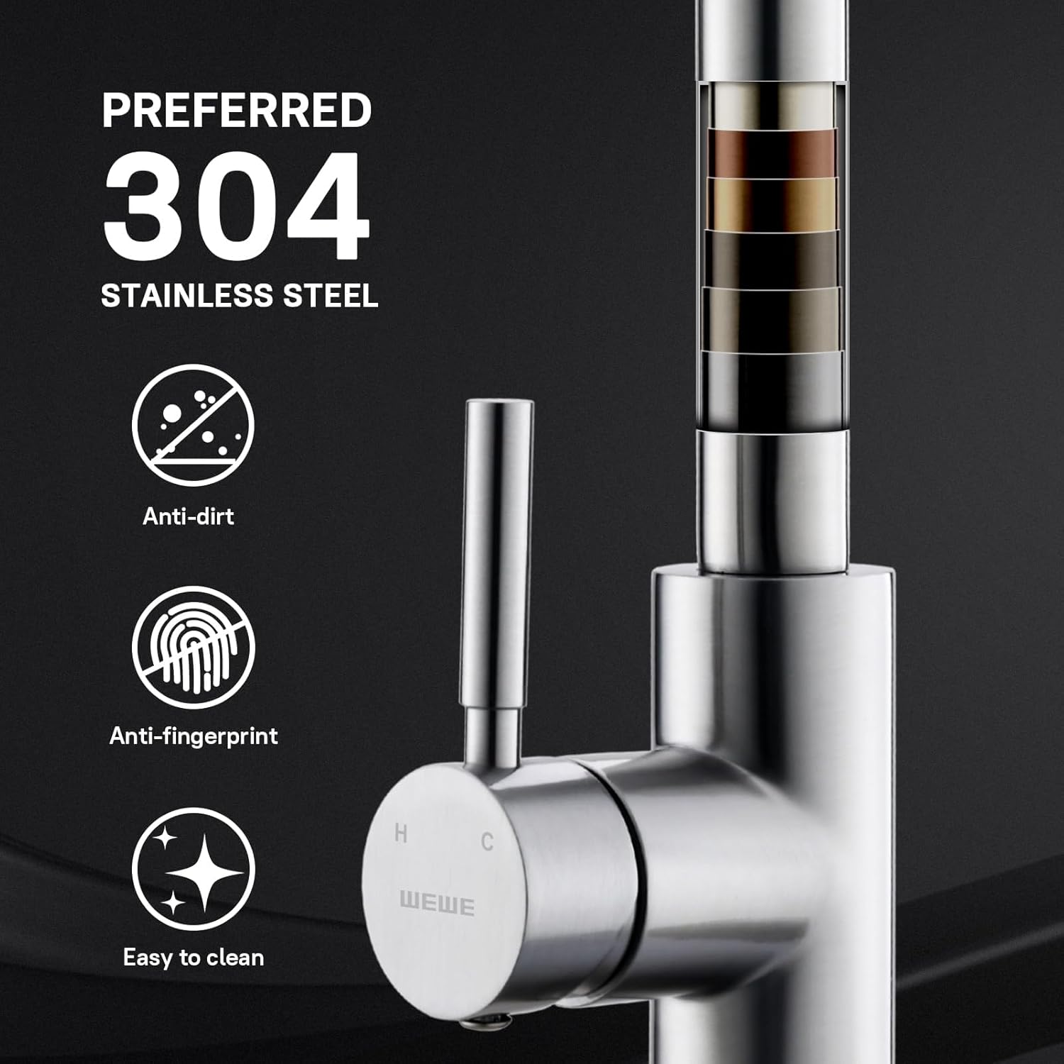 WEWE High-Arc Pull-Down Kitchen Faucet, Brushed Nickel, 3-Mode Sprayer