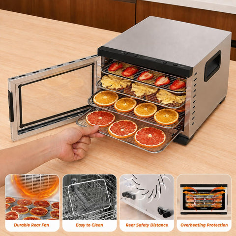 Food Dehydrator Machine - 5 Stainless Steel Trays, Digital Adjustable Timer, 400W, 176°F, Temperature Control, Mini Dryer for Jerky, Herb, Meat, Beef, Fruit and Dog Treats, Model 2015YJ, Silver