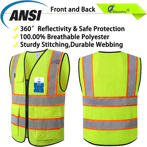 Reflective Mesh Safety Vest for Men Women with 5 Pockets and Zipper Front High Visibility Mesh Vest Hi Vis Construction Work Vest,Meets ANSI/ISEA Standards(EK175-Yellow-S)