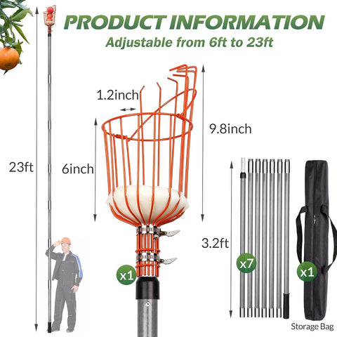Walensee 23FT Fruit Picker with Basket, 35-276 Inch Ultra-Long Mango Picker Pole, Heavy Duty Cherry Picker Tool for High Tree, Citrus Apple Avocado Pear Lemon Orange Picking, with Storage Bag