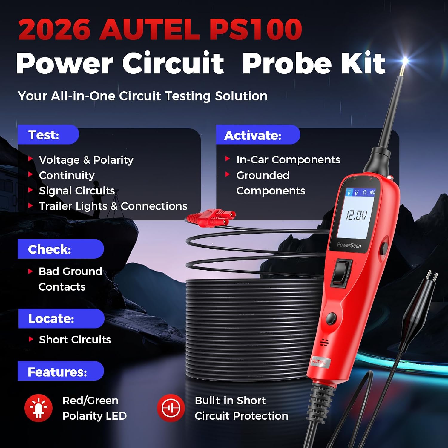 Autel PowerScan 12-24V Car Circuit Tester, Power Probe, Short/Open Finder