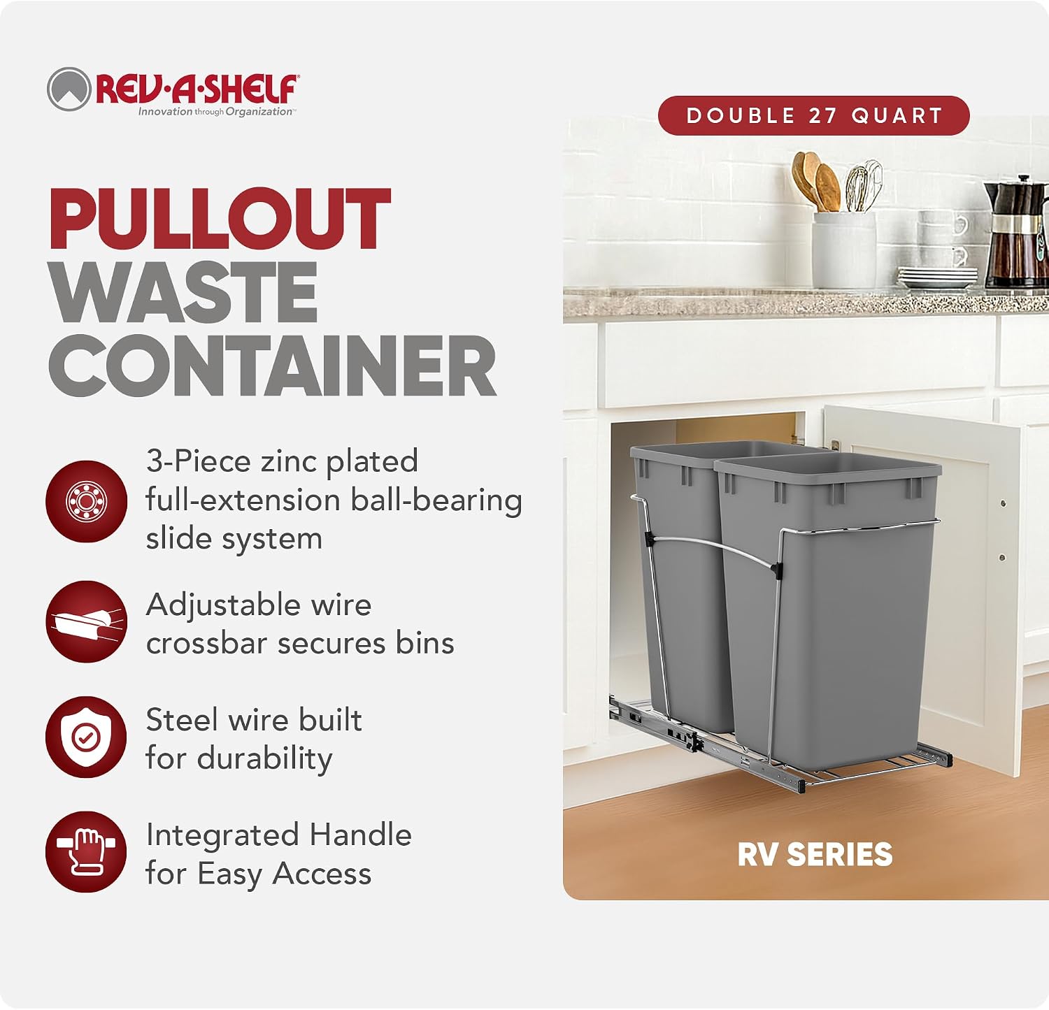 Rev-A-Shelf Double Pullout Garbage Trash Cans for Kitchen Cabinets, 27 Qt