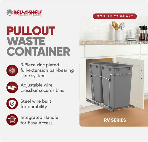 Rev-A-Shelf Double Pullout Garbage Trash Cans for Kitchen Cabinets, 27 Qt