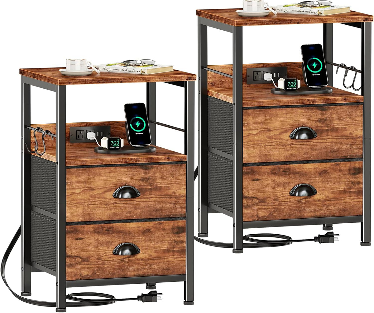 Furologee Nightstands Set of 2 with Charging Station, 2 Fabric Drawers