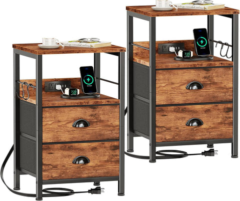 Furologee Nightstands Set of 2 with Charging Station, 2 Fabric Drawers