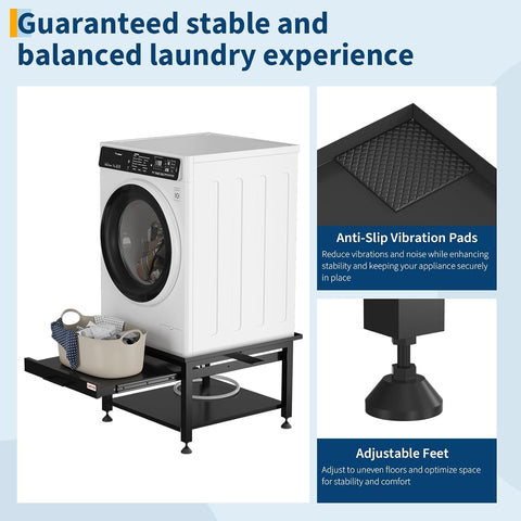 27'' Heavy Duty Washer Dryer Pedestal Stand - 1000lb Capacity, 16" Hight Laundry Pedestal with Adjustable Anti-Vibration Pads, Drain Pan and Hose, Steel Frame Washing Machine Base, Universal Fit