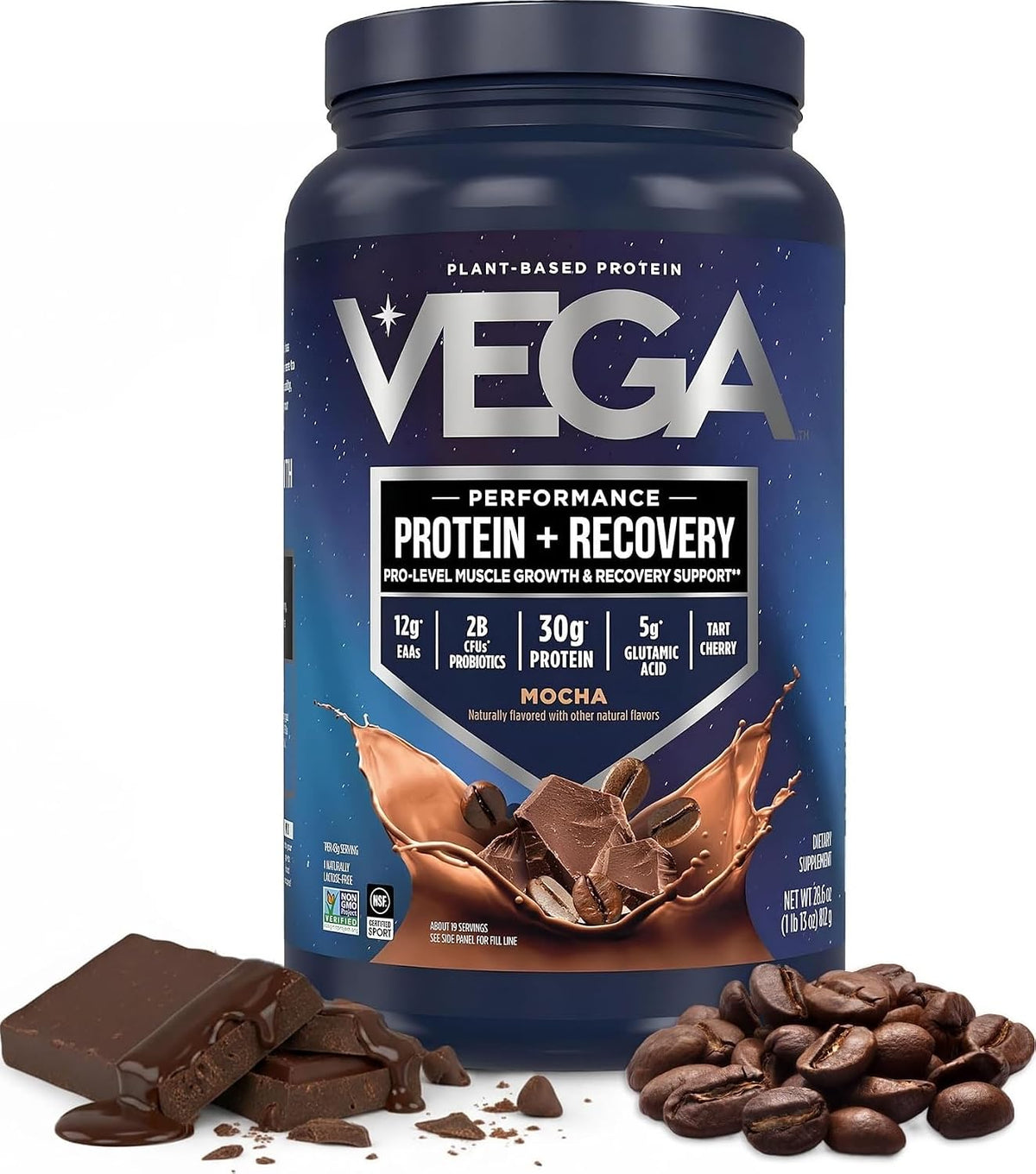 Vega Protein + Recovery, Mocha – 30g Vegan Protein, Dairy & Gluten Free, Probiotics, NSF Certified, 28.8 oz (19 Servings)