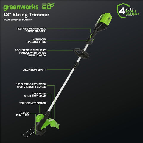 Greenworks 60V 13" String Trimmer + (540 CFM) Leaf Blower Combo, 4.0Ah Battery, Rapid Charger + Bonus 4.0Ah Battery