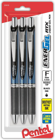 Pentel EnerGel RTX Retractable Liquid Gel Pen, (0.5mm), Fine Line, Needle Tip, Black Ink, Pack of 3 (BLN75BP3A)