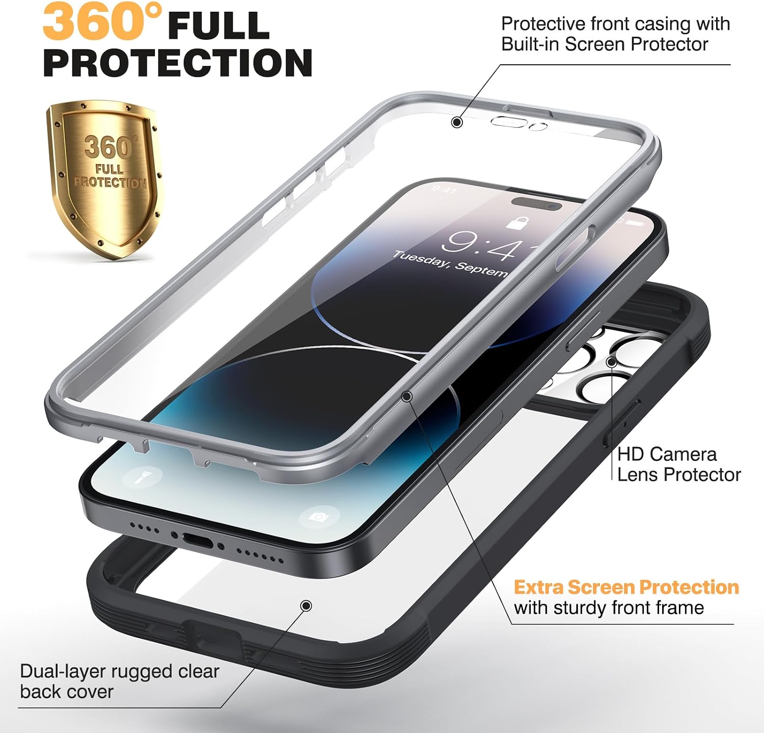 Diaclara Designed for iPhone 14 Pro Case 6.1’’, Full Body Rugged Case w/Built-in Touch Sensitive Anti-Scratch Screen Protector+9H Tempered Glass Camera Lens Protector (Black)