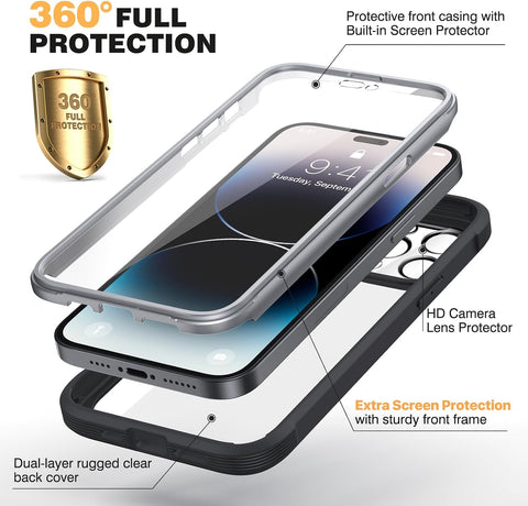 Diaclara Designed for iPhone 14 Pro Case 6.1’’, Full Body Rugged Case w/Built-in Touch Sensitive Anti-Scratch Screen Protector+9H Tempered Glass Camera Lens Protector (Black)