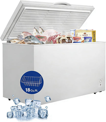 Smad Chest Freezer 18 Cu. Ft. Deep Freezer with Removable Basket, Energy-Saving, Garage Ready, Commercial Freezers 7 Adjustable Temperature, 4 Wheels, Low Noise, for Meat, Families, Outdoor, White