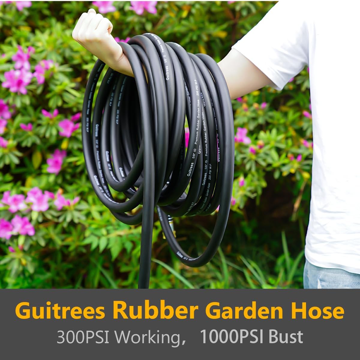 Guitrees 50FT 5/8 Heavy Duty Rubber Garden Hose - 300psi Working, 1000psi Burst - Hot/Cold Water - Five-Layered Braiding for Durability - Versatile for Gardening, Agriculture, Construction(Black)