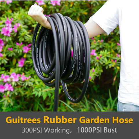 Guitrees 50FT 5/8 Heavy Duty Rubber Garden Hose - 300psi Working, 1000psi Burst - Hot/Cold Water - Five-Layered Braiding for Durability - Versatile for Gardening, Agriculture, Construction(Black)