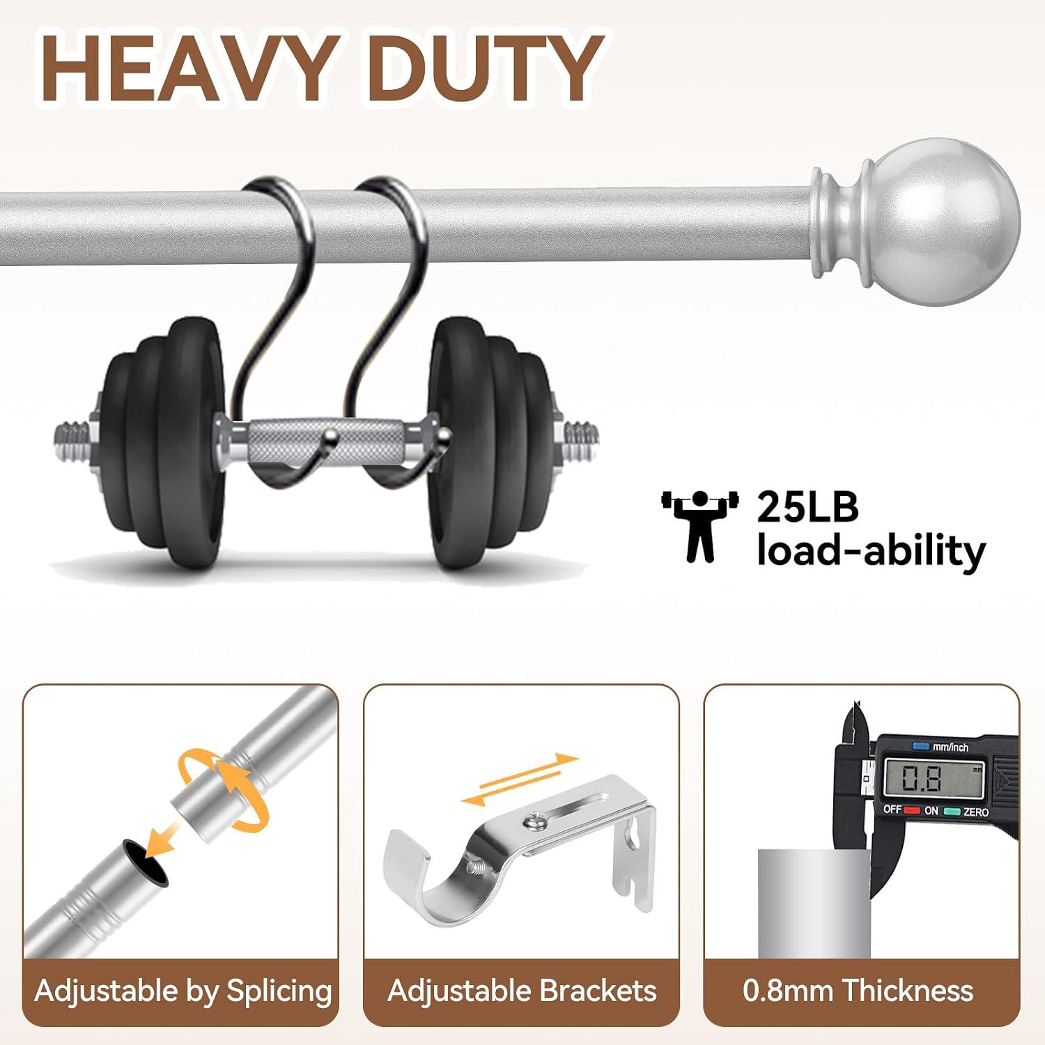Silver Curtain Rod for Windows 30 to 60 Inch, 5/8 Inch Diameter Adjustable Curtain Rods With Brackets, Heavy Duty Easy to Install, Suitable for Bedrooms and Outdoor