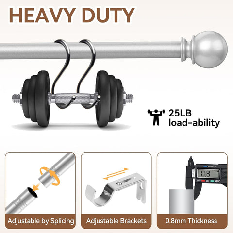 Silver Curtain Rod for Windows 30 to 60 Inch, 5/8 Inch Diameter Adjustable Curtain Rods With Brackets, Heavy Duty Easy to Install, Suitable for Bedrooms and Outdoor