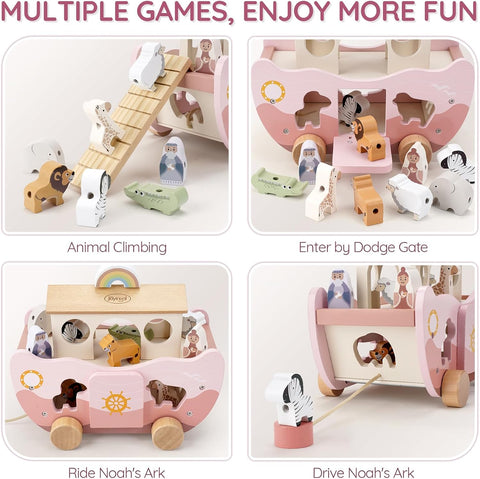 Joyreal Pink Wooden Noah's Ark Toy for 1 Year Old Baby Girl Baptism Gifts