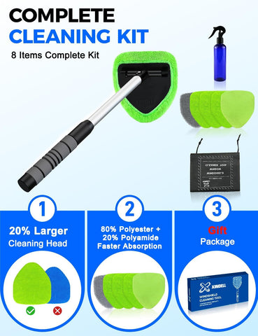 XINDELL Interior Windshield Cleaner Tool – Car Interior Window Cleaning Kit with Extendable Handle & 4 Microfiber Pads, Auto Wiper Inside Compact Windshield Brush for Car & Home Windows