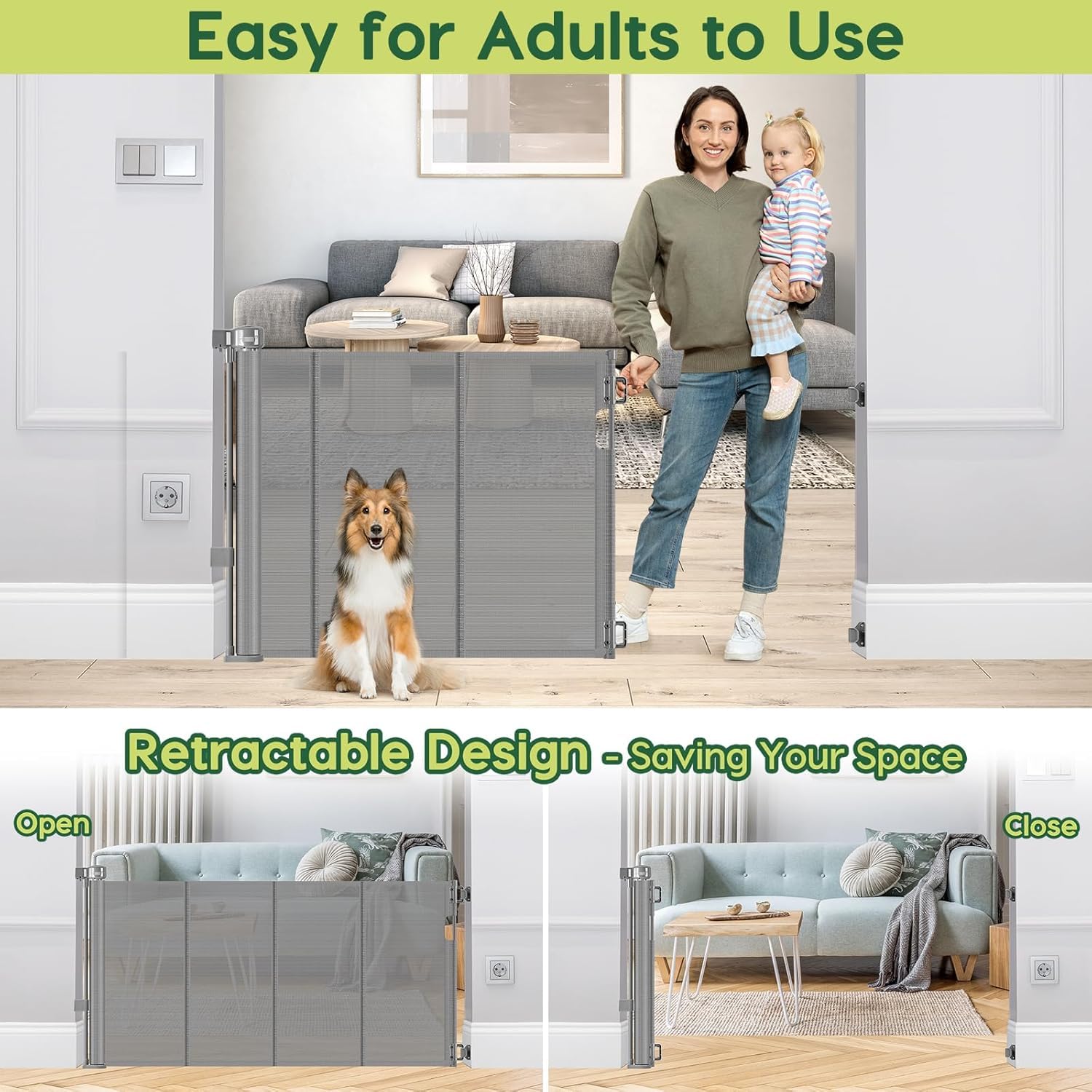 2 Pack Reinforced 55" Wide Retractable Dog Gate with Support Rods, 33" Tall Retractable Baby Gate for Dogs, No Sag and Wrinkle Mesh Child Gates for Doorways, Indoor Pet Barrier Stair Gates for Kids