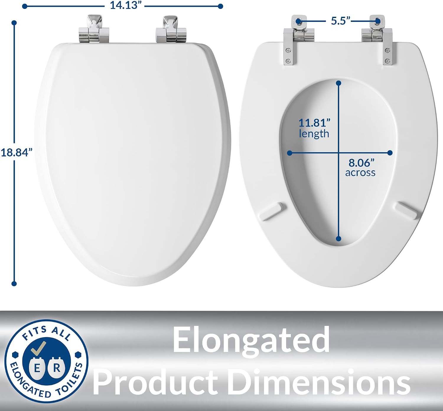 Mayfair Bennett Toilet Seat with Chrome Hinges, Slow Close Wood Seat, Secure Metal Hinges, Easy Install, Made in USA, Elongated, White