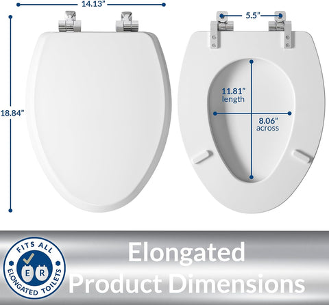 Mayfair Bennett Toilet Seat with Chrome Hinges, Slow Close Wood Seat, Secure Metal Hinges, Easy Install, Made in USA, Elongated, White