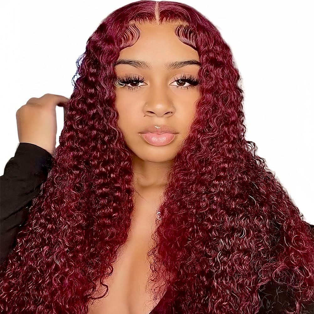 99j Burgundy Deep Wave Lace Front Wigs Glueless Wigs Human Hair Pre Plucked Pre Cut 5X5 HD Lace Closure Human Hair Curly 180% Density Lace Front Wigs for Black Women 22 Inch
