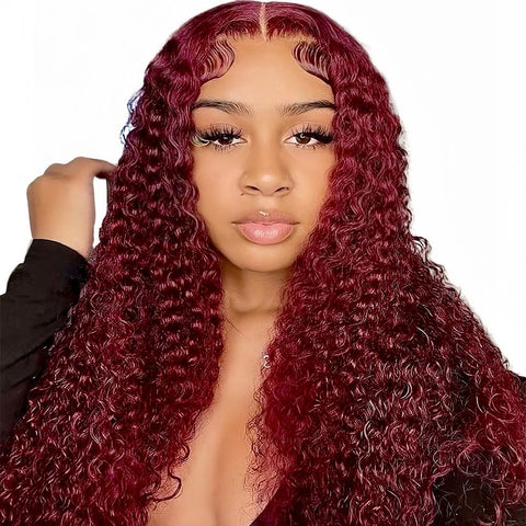 99j Burgundy Deep Wave Lace Front Wigs Glueless Wigs Human Hair Pre Plucked Pre Cut 5X5 HD Lace Closure Human Hair Curly 180% Density Lace Front Wigs for Black Women 22 Inch