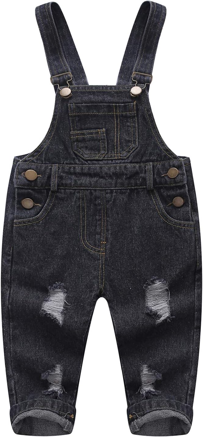 KIDSCOOL Toddler Baby Denim Overalls Ripped Holes Jean Bib Romper Jumpsuit