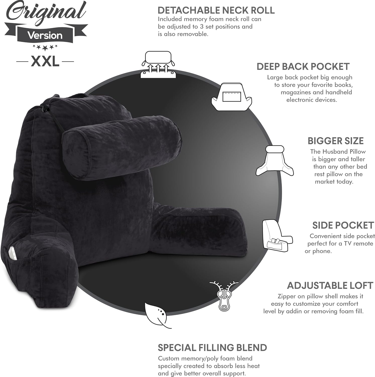 Husband Pillow XXL The Original for Adults - 30" Tall Backrest for Sitting Up in Bed - Firm Support Reading & Bed Rest Pillows for Adults, Neck Roll, Removable Cover - TV - Black