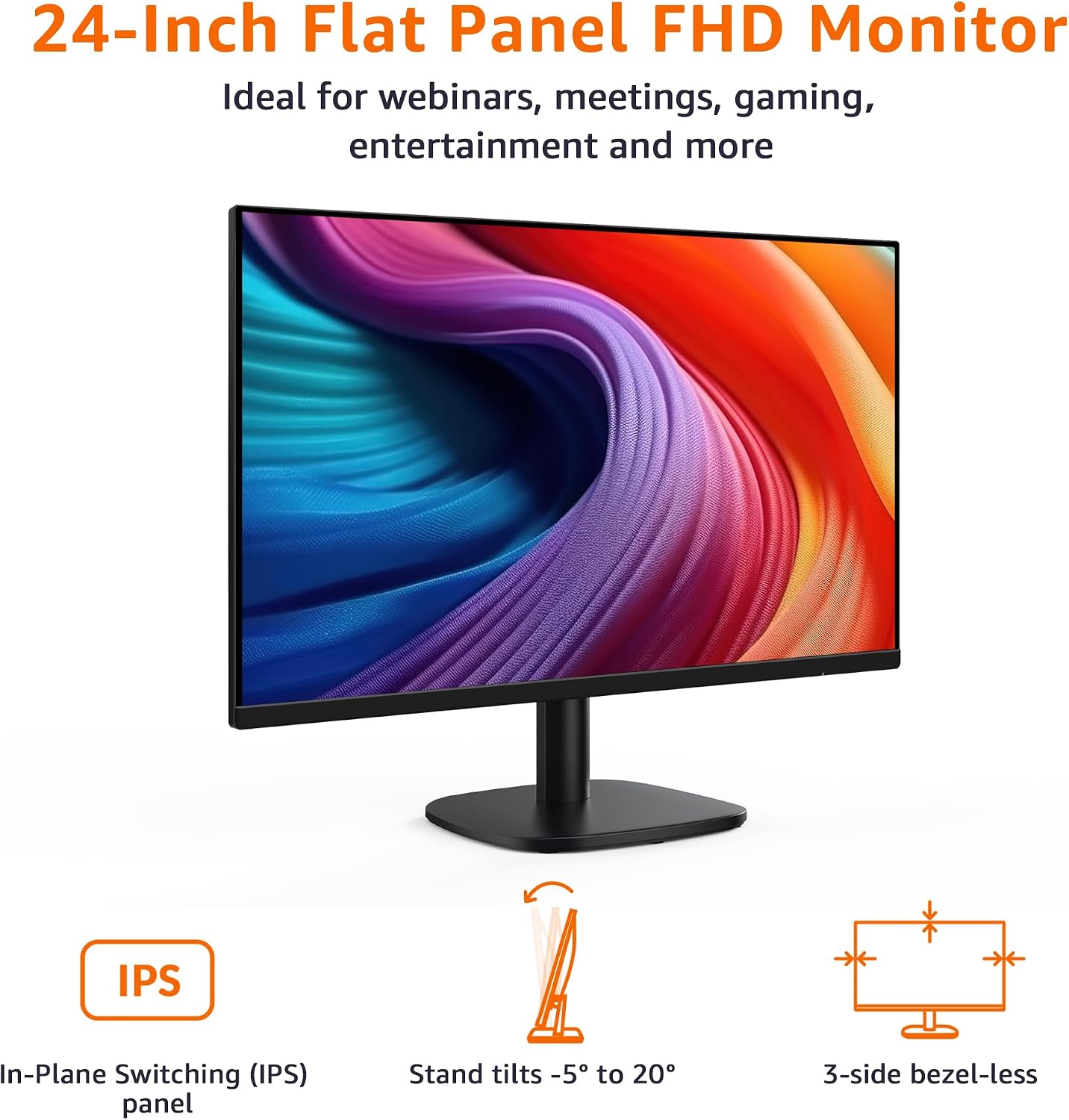 Amazon Basics 24 Inch (23.8 inch viewable) Monitor, FHD 1080P, Max 100Hz, VESA Compatible, Built-in Speakers, Black