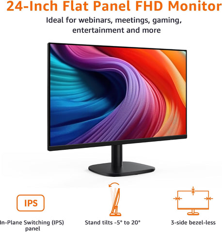 Amazon Basics 24 Inch (23.8 inch viewable) Monitor, FHD 1080P, Max 100Hz, VESA Compatible, Built-in Speakers, Black