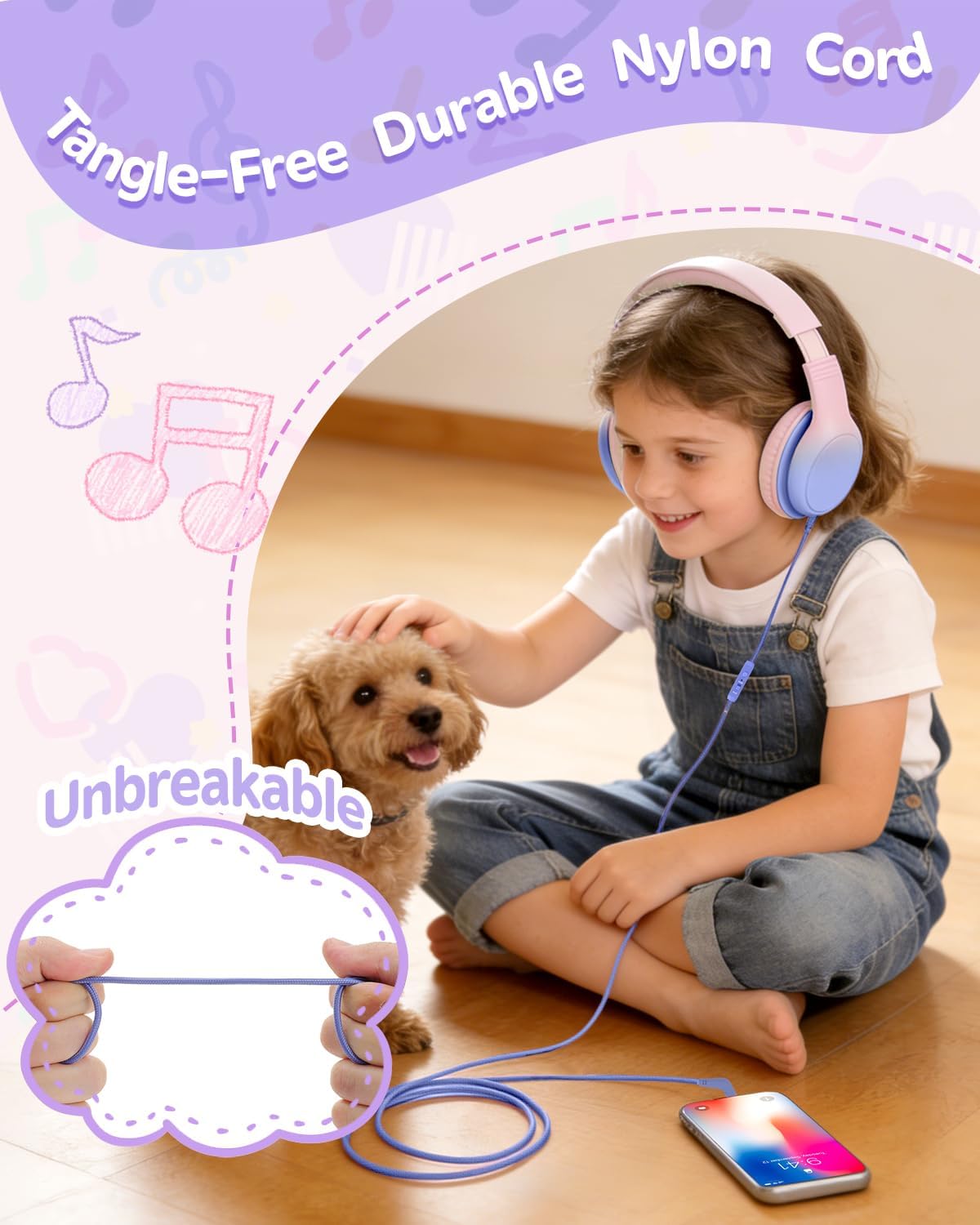 Over Ear Kids Headphones with HD Mic, Safe Volume Limited Wired Headphones for School, Travel, Stereo Sound Headphones with Cord, Foldable 3.5mm Headphones for iPad, Laptop, PC, Pink-Blue