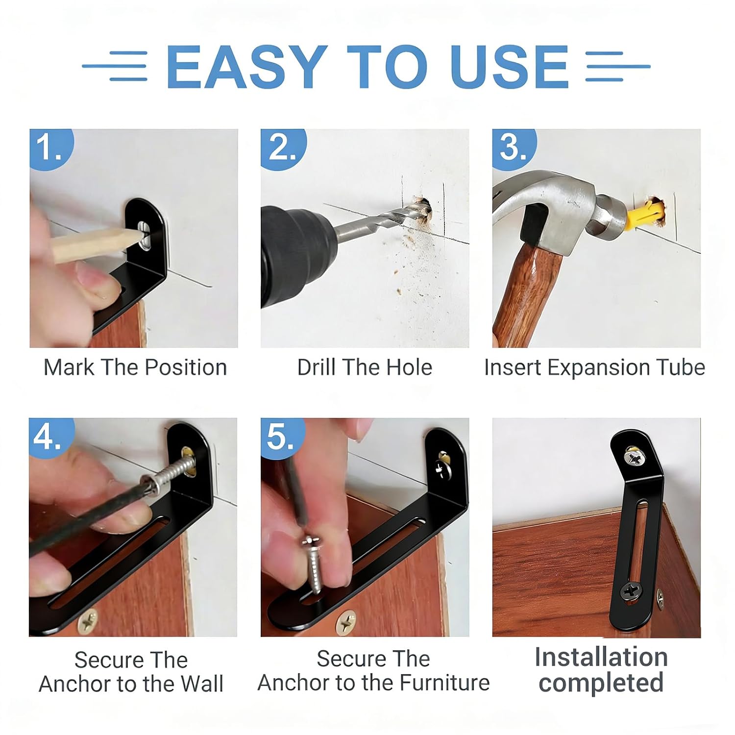 Anti Tip Furniture Anchors, Steel Wall Anchors, 12 Pack, Black