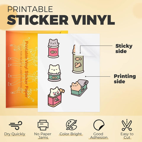 HTVRONT Printable Vinyl Sticker Paper, Glossy White, 8.5"x11", 55 Sheets
