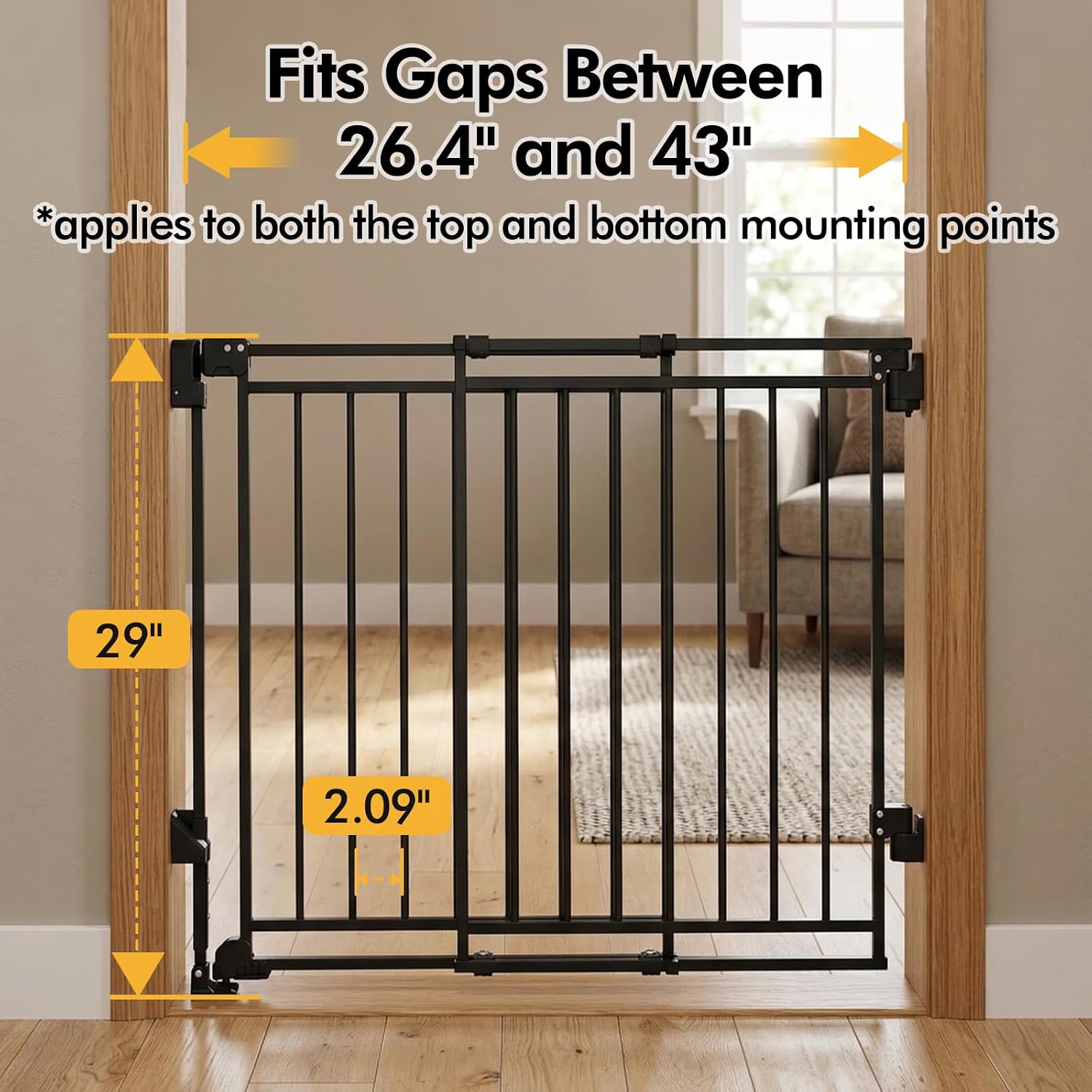 Baby Gate with No Bottom Bar, 29" H x 26.4-43" W, Black | Drill Required, Hardware Mounted, One-Hand Operation, Auto Close, Two-Way Swing for Stairs & Doorways